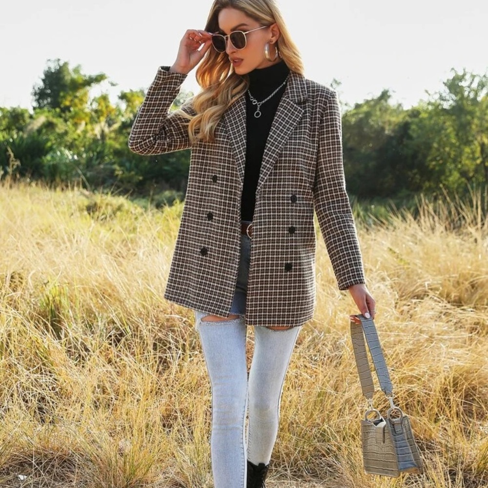 Blazer jacket gingham plaid double breasted brown - Picture 3 of 6